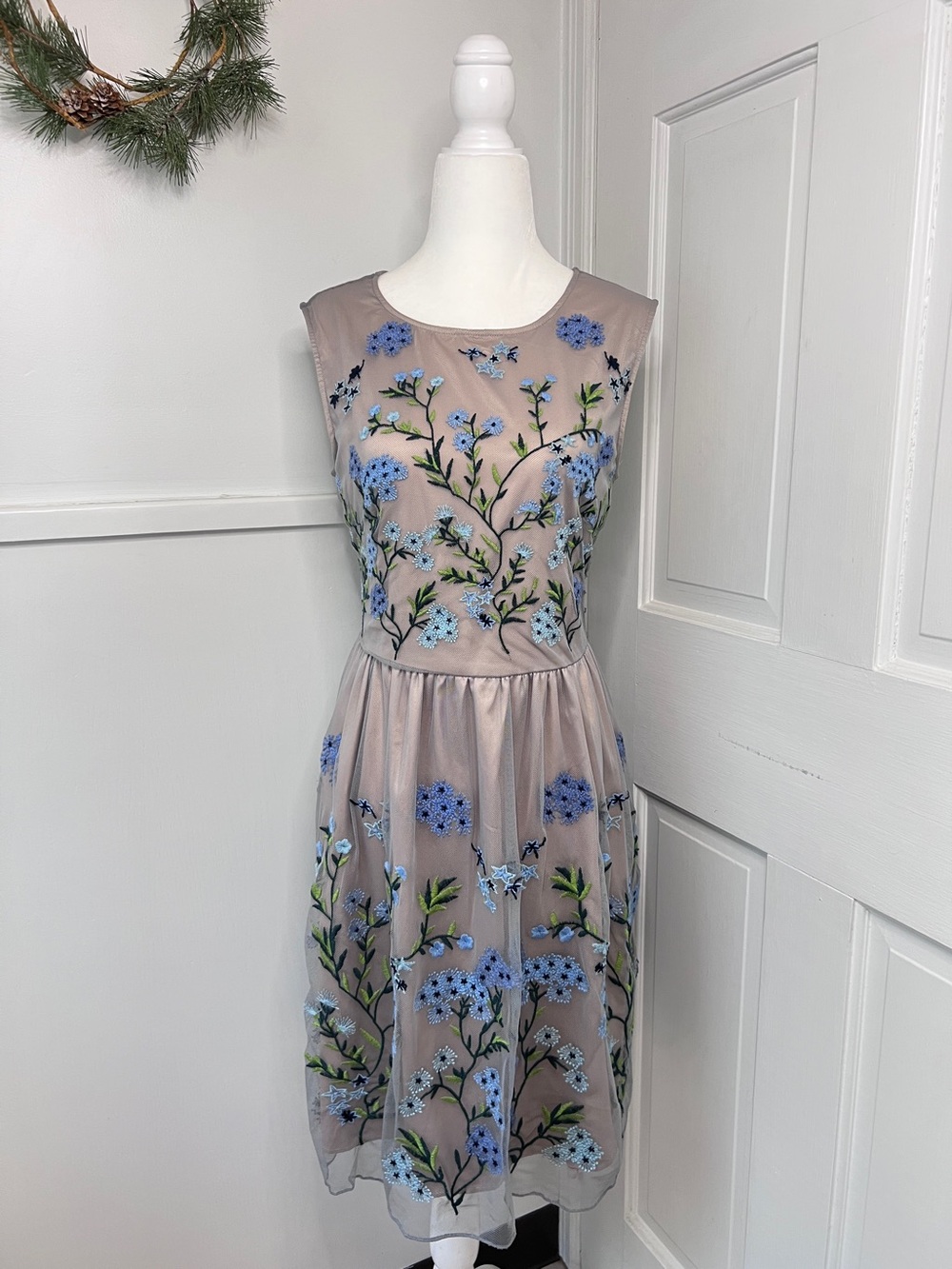 Sundance Forget Me Not Floral Embroidered Tulle Fit & Flare Dress in Blue Nude